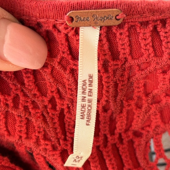 Free People womens Red/Orange crochet Embroidered Yoke Stretch Cotton tee top - Picture 8 of 9